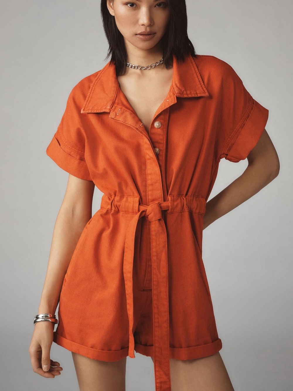 Anthropologie denim Orange Short-Sleeve Utility Romper M